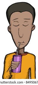 Young man with straw sips from a can