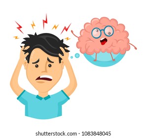 Young man with strees,headache. Funny cute crazy mad sick brain. Vector flat cartoon character illustration design. Mental,psychological problem,ache concept