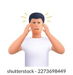Young man in stress, holding hands on head. Migraine, stress, headache concept. 3d vector people character illustration. Cartoon minimal style.