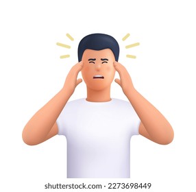 Young man in stress, holding hands on head. Migraine, stress, headache concept. 3d vector people character illustration. Cartoon minimal style.