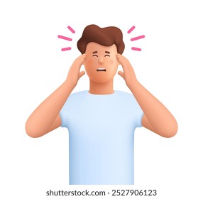 Young man in stress, holding hands on head. Migraine, stress, headache concept. 3d vector people character. Cartoon minimal style.