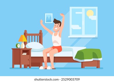A young man stretches his arms while sitting on the edge of his bed in a bright and inviting bedroom. Sunlight streams through the window, signaling a new day.