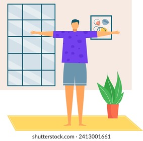 Young man stretching arms wide open indoors. Person doing morning exercises at home. Wellness routine and home workout vector illustration.