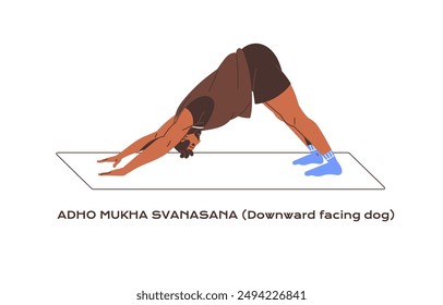 Young man stretching in yoga asana, posture. Sportsman practices Downward facing dog pose. Athlete training, does sport exercise in warm up. Flat isolated vector illustration on white background