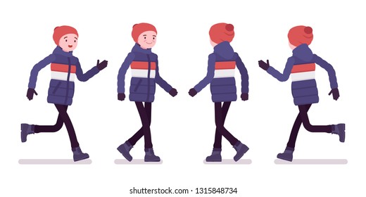 Young man in striped down jacket walking and running, wearing soft warm winter clothes, classic snow boots, hat. Men outfit concept. Vector flat style cartoon illustration isolated on white background