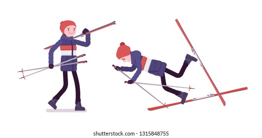 Young man in striped down jacket holding skis, falling off in wrong technique, sport leisure activity, skiing wearing winter clothes. Vector flat style cartoon illustration isolated, white background