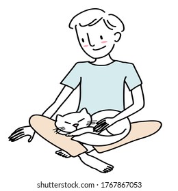 Young man stroking white cat on his lap. Happy boy petting white fluffy cat on his lap. Cat sleeping on lap. Boy sitting cross-legged on the floor with kitten. Hand-drawn vector.