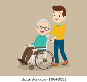 Young man strolling with elderly man in wheelchair, nursing care for disabled people and elderly concept. Elderly on a walker needs medical care