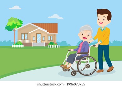 Young man strolling with elderly woman in wheelchair, nursing care for disabled people and elderly concept. Elderly on a walker needs medical care