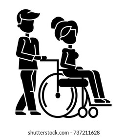 young man strolling with woman in wheelchair, nursing care for disabled people  icon, vector illustration, sign on isolated background