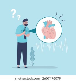 Young man with strong heart attack. Sick man having heart attack or heart pain. Male character holding hands on chest. Medical concept, healthcare. flat vector illustration