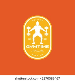 young man strong training fitness gym rubber dumbbell weight vintage badge logo design vector icon illustration