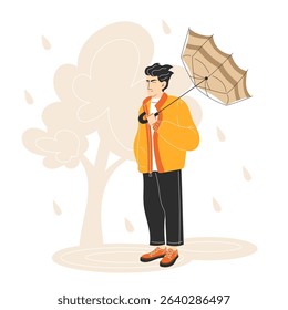 Young Man Struggling with Broken Umbrella in Heavy Rain and Wind Flat Style Autumn Illustration