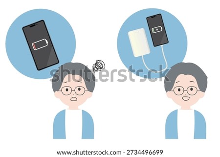 A young man struggling with a dead battery and a smiling woman charging with a mobile charger