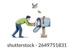 Young man struggling to retrieve mail from a damaged mailbox with a bird flying away and a leaf falling nearby