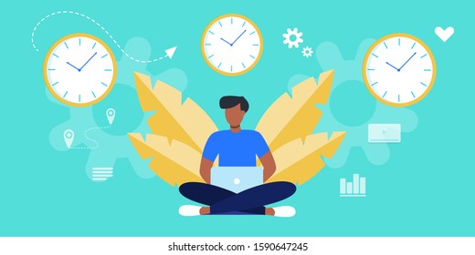 Young Man Student In Balance Sitting Lotus Pose With Laptop Surrounded By Leaves And Clocks. Banner For Language Courses, Online Education School. Freelancer Working, Time Management, Deadline