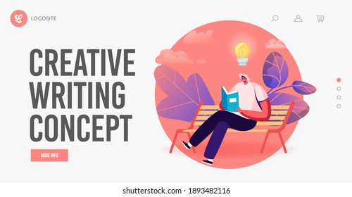 Young Man Student or Bookworm Read Landing Page Template. Male Character Reading Literature Narration Sitting on Bench with Book in Hands and Glow Light Bulb over Head. Cartoon Vector Illustration,