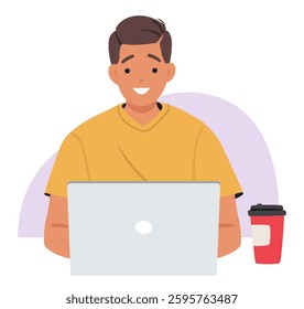 Young man student cartoon character sitting at table working or studying online doing homework through education platform on laptop computer vector illustration. Guy enjoying e-learning from home