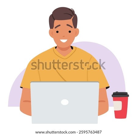 Young man student cartoon character sitting at table working or studying online doing homework through education platform on laptop computer vector illustration. Guy enjoying e-learning from home