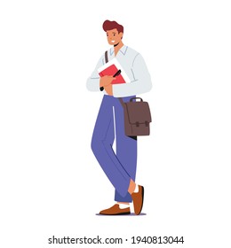 Young Man Student Character with Bag on Shoulder Holding Book. Male Character Gaining Education Knowledge Concept. Learning in University or College, Fashioned Accessory. Cartoon Vector Illustration