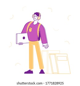 Young Man Student Character in Headset with Laptop in Hands and Backpack Isolated on White Background. Distance Online Education, Electronics Learning, E-Books Library. Linear Vector Illustration