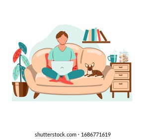 Young man, student or freelancer, working at home sitting on a sofa. Home office or online studying concept. People at home in self quarantine. Vector illustration drawing in flat style