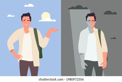 Young man student in good and bad mood, mental health weather concept vector illustration. Cartoon pessimist unhappy character and happy teenager optimist, positive and negative thinking background