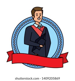 young man student graduated in ribbon emblem