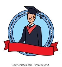 young man student graduated in ribbon emblem