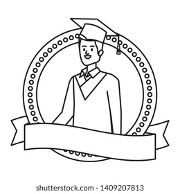 young man student graduated in ribbon emblem