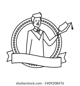 young man student graduated in ribbon emblem
