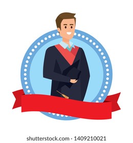 young man student graduated in ribbon emblem