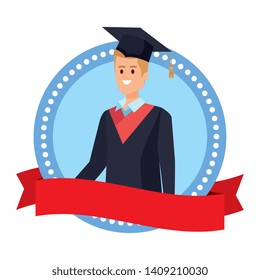 young man student graduated in ribbon emblem