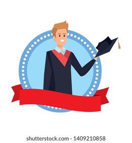 young man student graduated in ribbon emblem