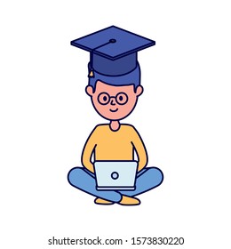 young man student with laptop learning online vector illustration