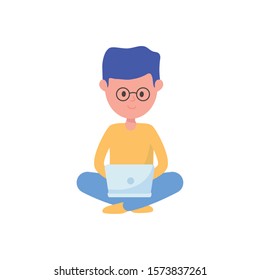 young man student with laptop learning online vector illustration