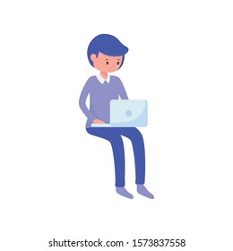 young man student with laptop learning online vector illustration