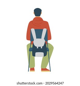 Young man student or listener of educational courses, corporate training sitting on chair back to viewer, flat vector illustration isolated on white background.
