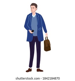 Young man student in modern autumn trendy clothes. Fashion casual outerwear street style character. Flat cartoon style vector isolated illustration