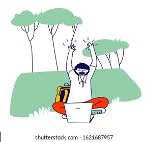Young Man Student Nerd Character in Glasses Work on Laptop Sitting on Grass at College Yard Nature Background. Distance Online Education, Electronics Learning. Cartoon Vector Illustration Line Art
