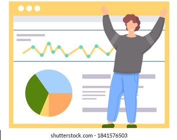 Young man student or office worker gives a report, cheerful guy joyfully raised his hands up, standing near demo poster with performance charts. Business presentation and project management banner