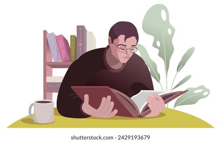 Joven estudiante leyó un libro abierto en la biblioteca. Ilustración de dibujos animados aislados en blanco