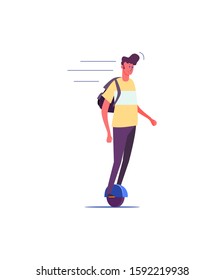 Young man student riding single-wheel self-balancing scooter. Transportation flat vector illustration. Alternative urban transportation concept for banner, website design or landing web page