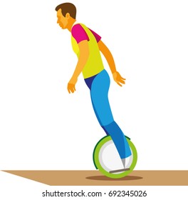 A young man is student is riding a single-wheel self-balancing scooter