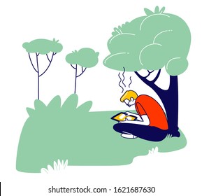 Young Man Student Sitting with Tablet Learning Homework or Prepare to Exams in University or College Yard Background. Education, Gaining Knowledge Concept. Cartoon Flat Vector Illustration, Line Art
