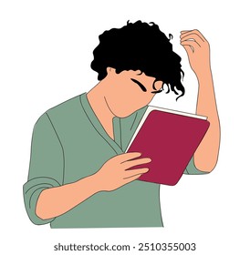 Hombre joven, estudiante de pie con documentos, tableta, libro, lectura, aprendizaje, preparación para el examen. Concepto de Educación. Ilustración de contorno de Vector plano aislado sobre fondo blanco.