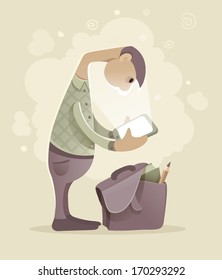 Young man student with tablet smartphone. Eps10 vector illustration