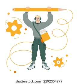 Joven o estudiante con audífono y lápiz grande. Estudio del concepto de vector. Volver a la ilustración escolar