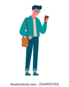 Joven, estudiante, trabajador, con bolso de hombro con café en la mano. Estilo plano sin rostro. Aislado en el fondo blanco