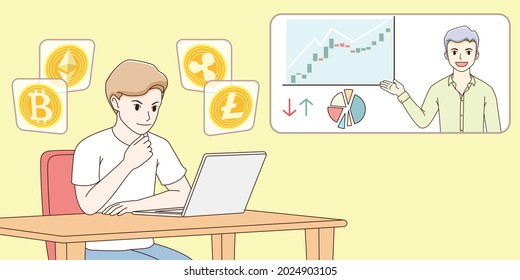 A Young Man Studies Cryptocurrency 
Investment Trading Through A Laptop.
Teacher Teaching Stock Market Analysis Analyze Graph Trading Data Index Investment Growth Chart.